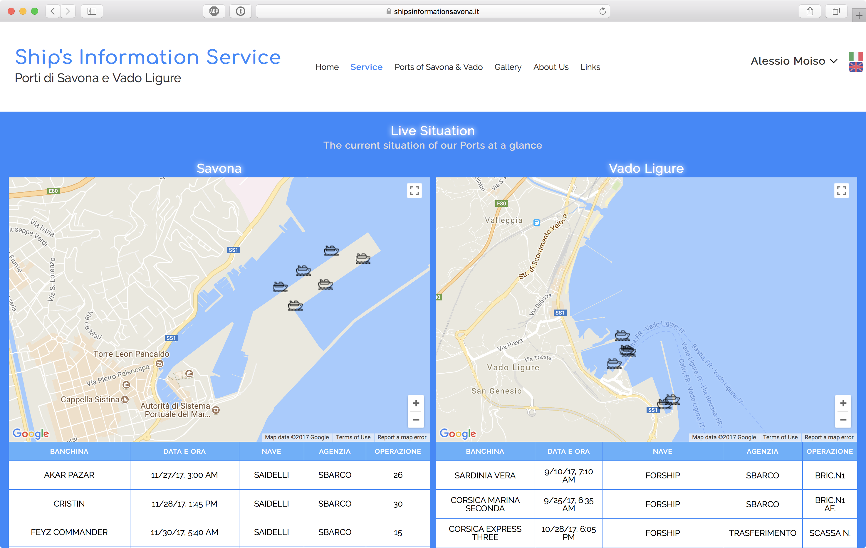 Meteo running in Safari showing two maps with the currently docked ships.