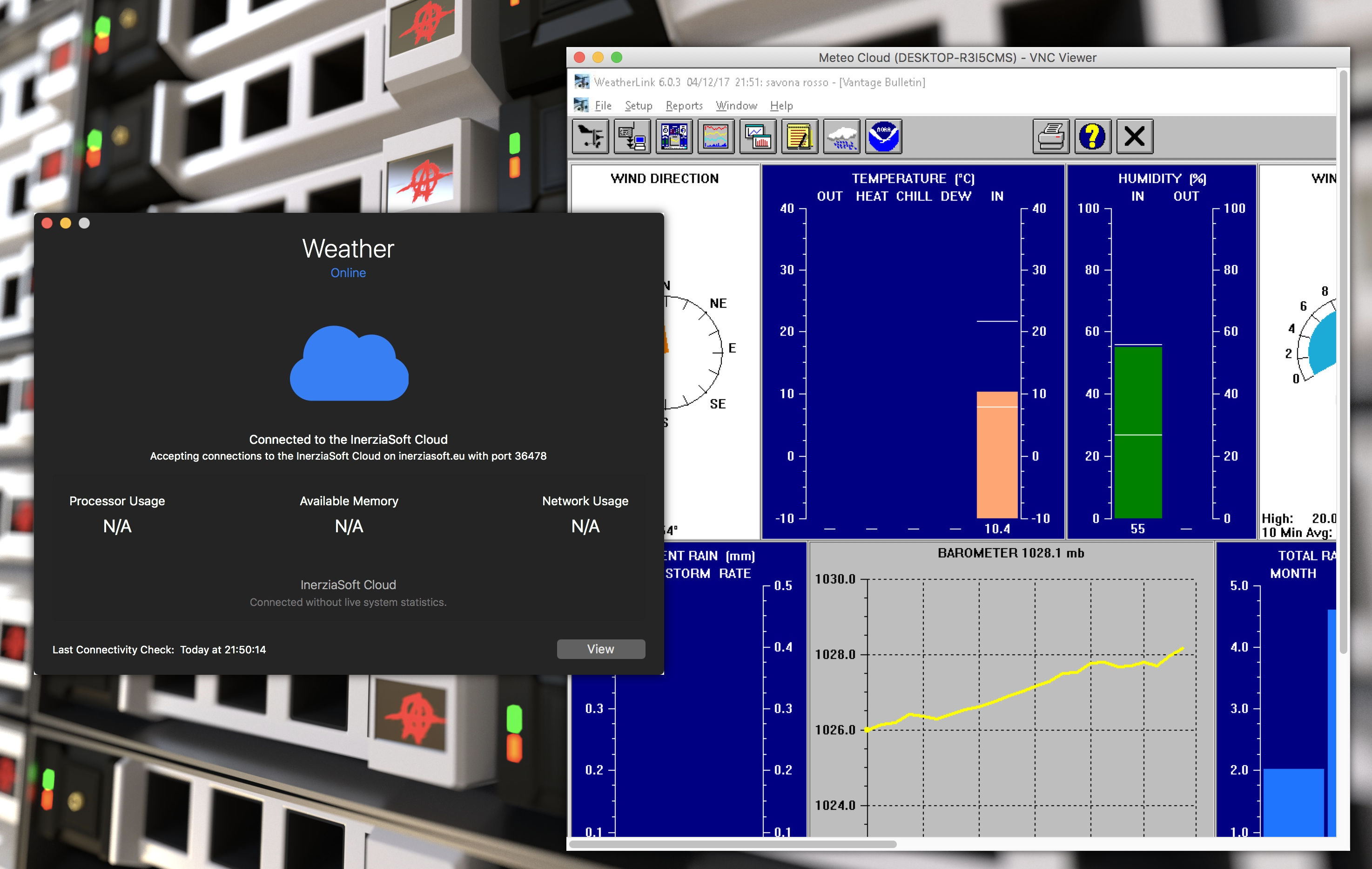 The Meteo app for macOS in the foreground with the offline device running in our Cloud in the background.