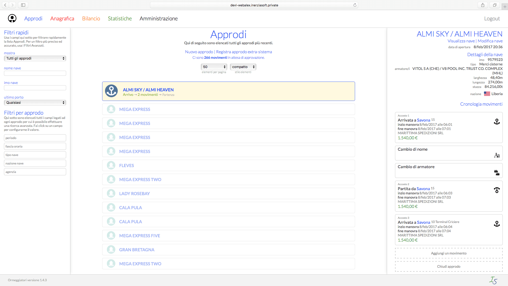 Dispatch running in Safari showing the list of movements in the port.