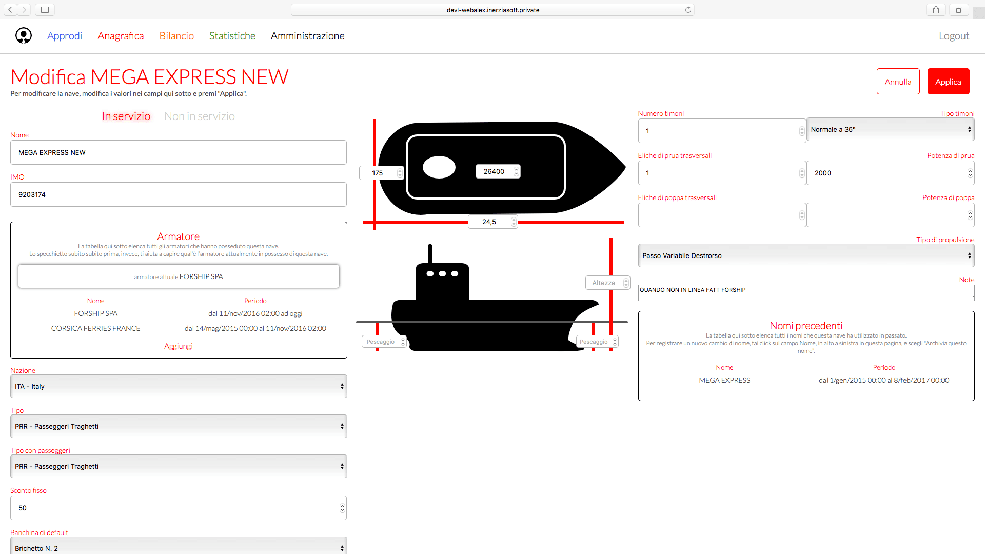 Dispatch running in Safari showing a screen which allows to edit the details of a ship.