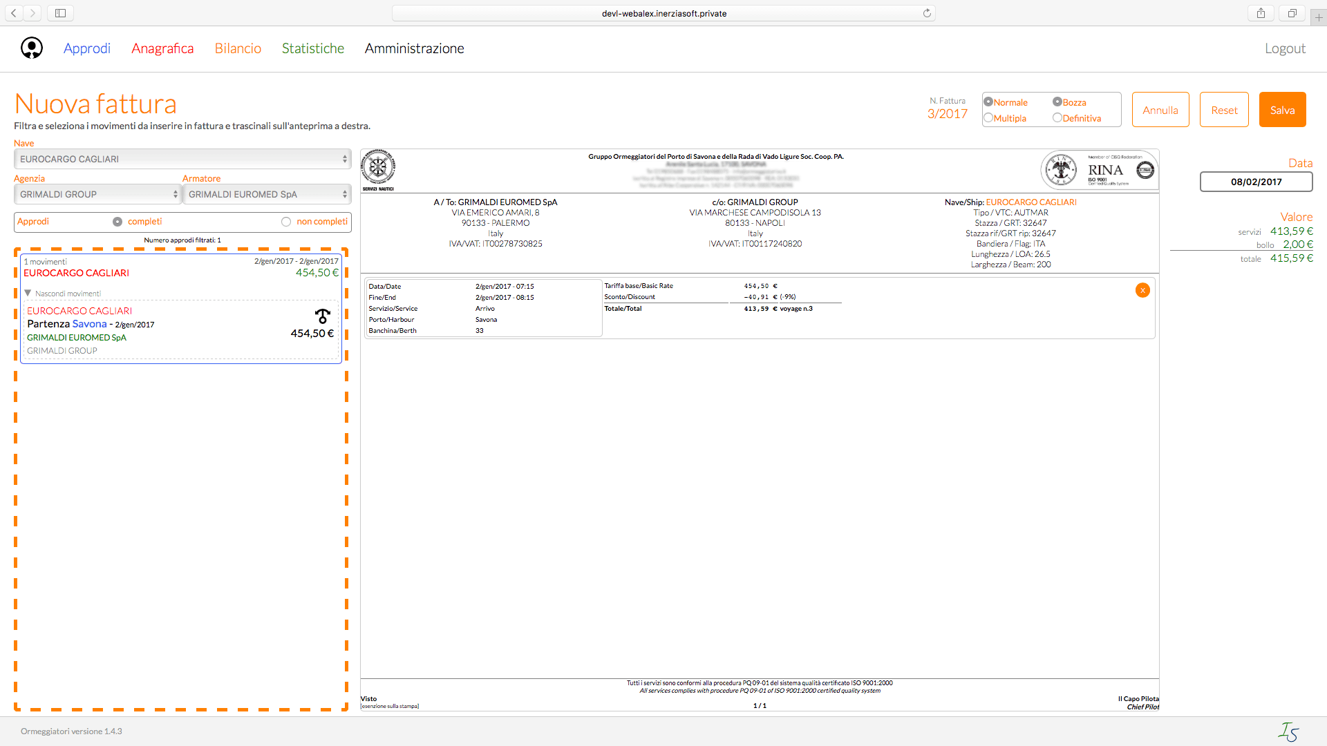 Dispatch running in Safari showing the invoice builder.